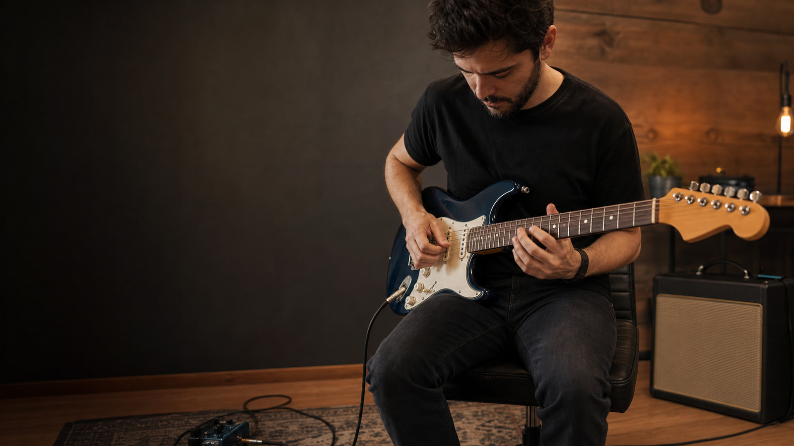Guitarrista pratica um solo de guitarra elétrica em um estúdio doméstico.